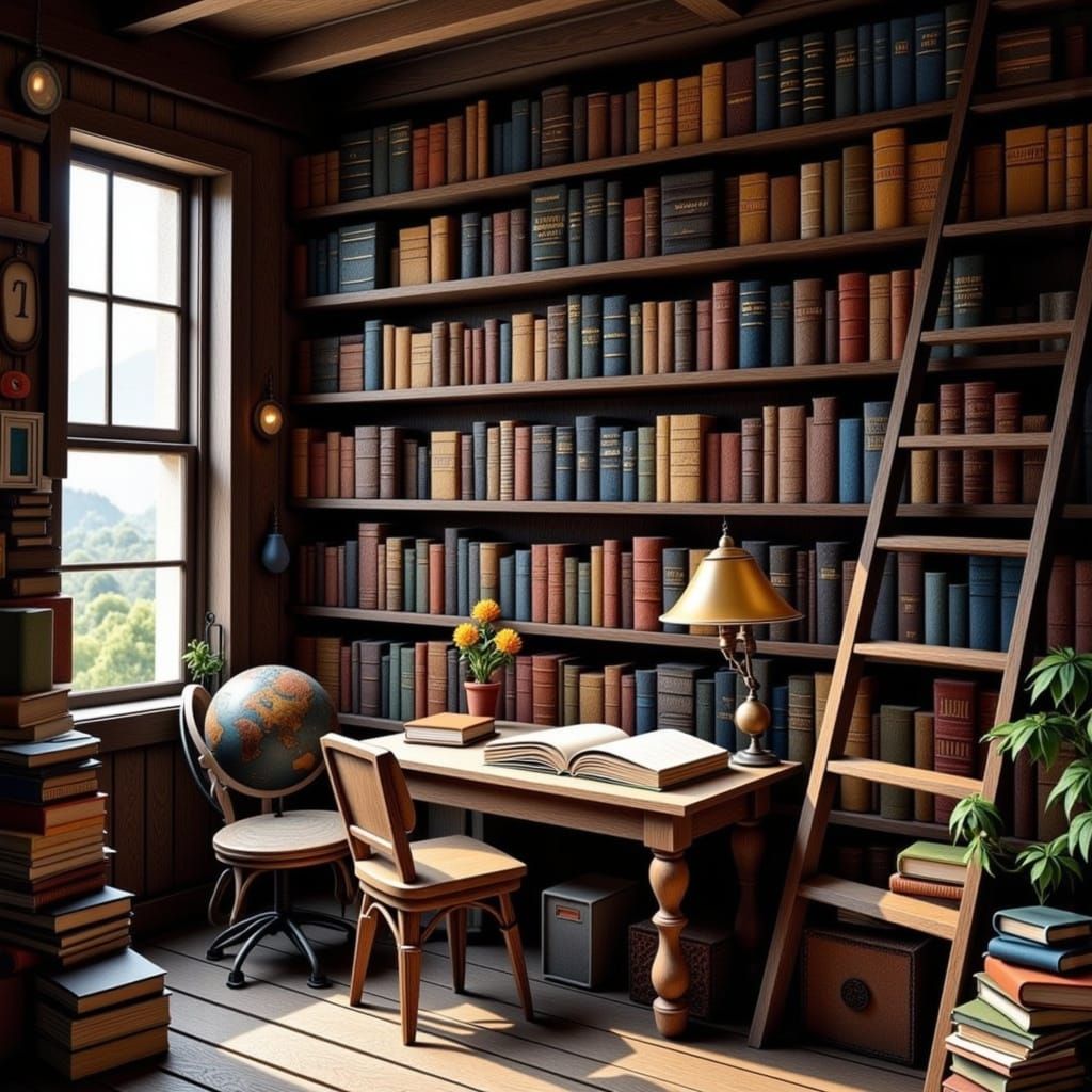 Cozy Library Sanctuary in Maximalist 3D Style