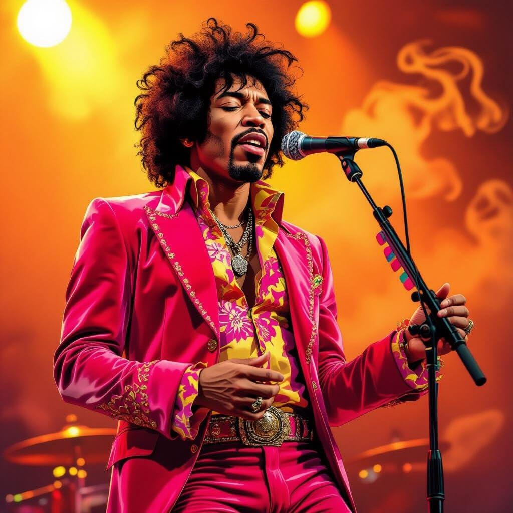Jimi Hendrix Singing in Pink Velvet at Sunset