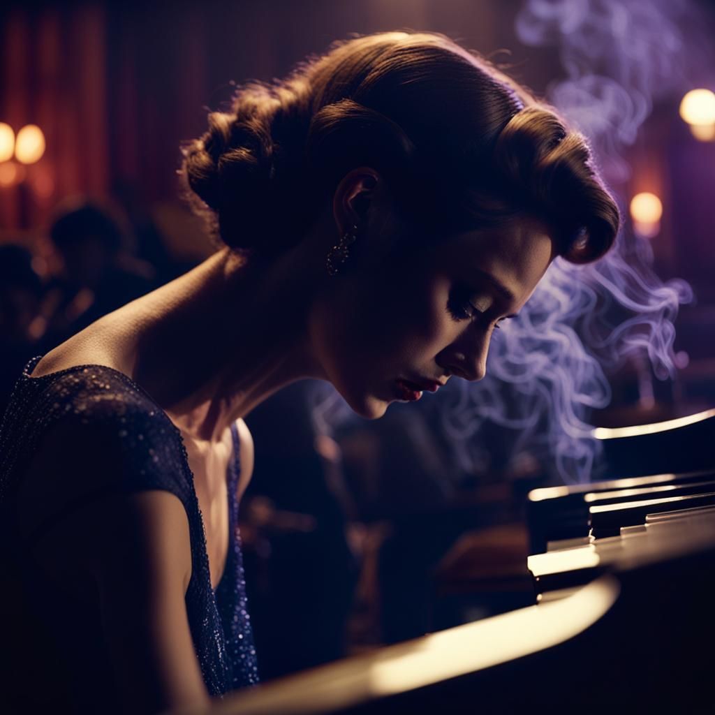 Woman Asleep at Piano in Moody Film Noir Style