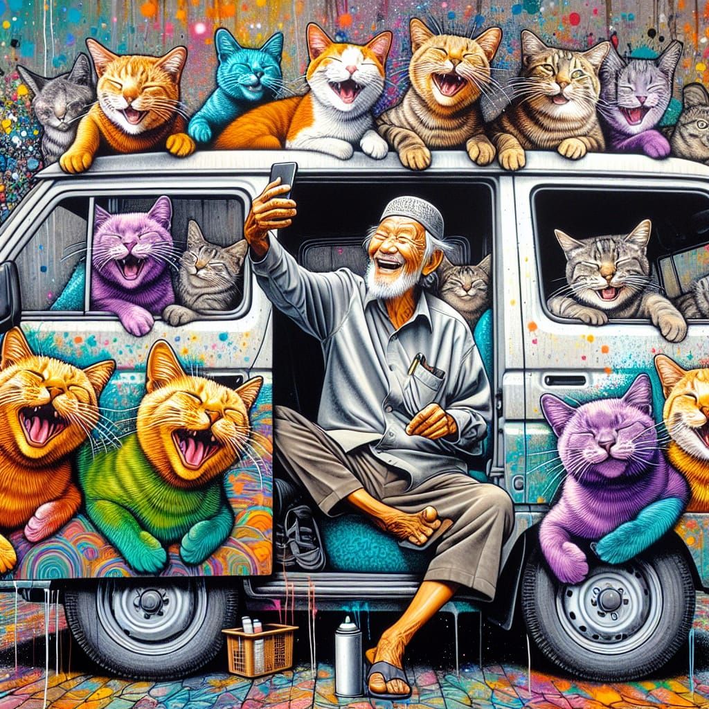 Man and Cats Selfie in Street Art Style