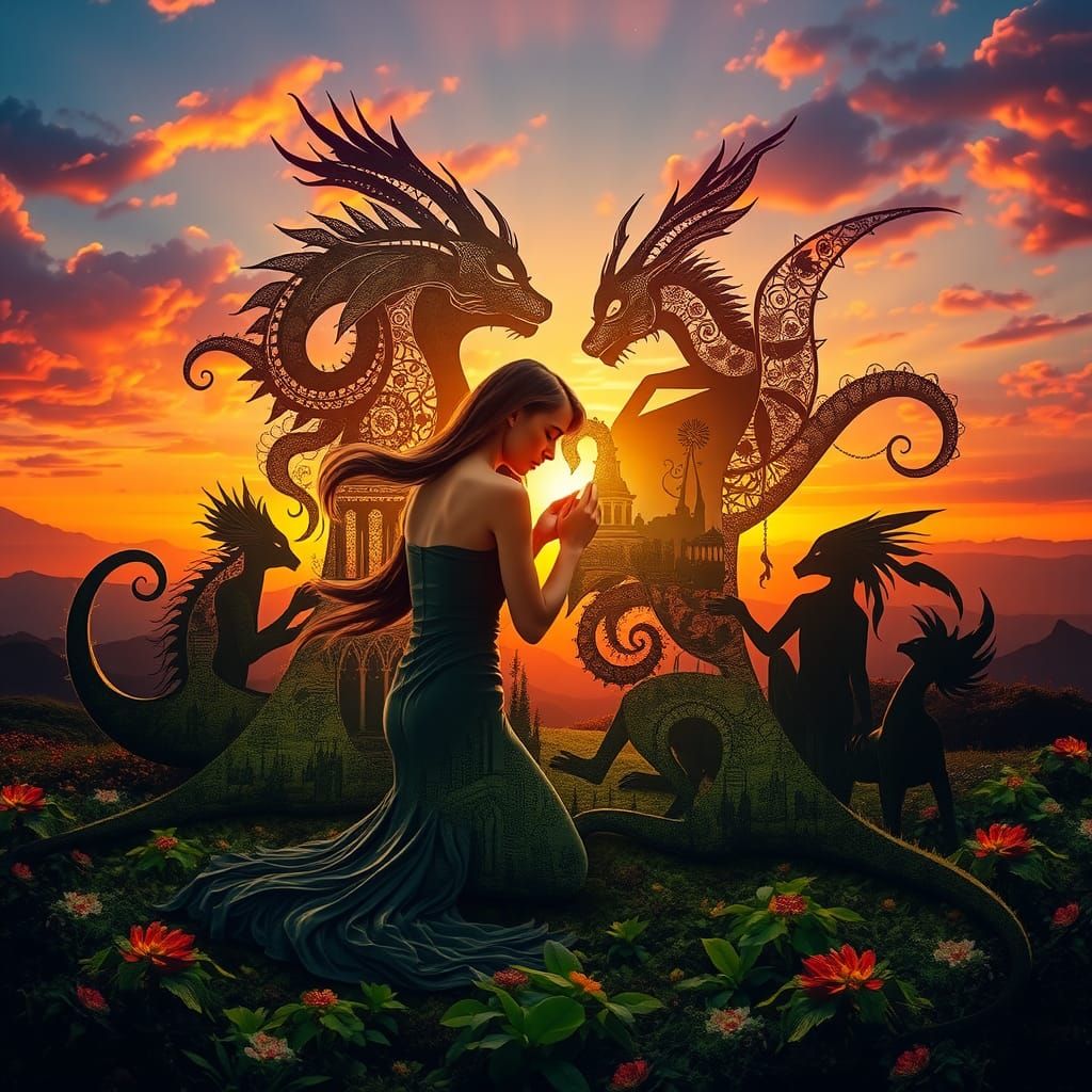 Mystical Collage: Myth and Creatures in Sunset Light