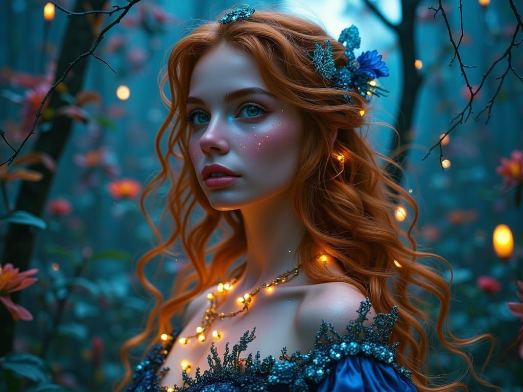 Bioluminescent Forest Portrait in Art Nouveau Style