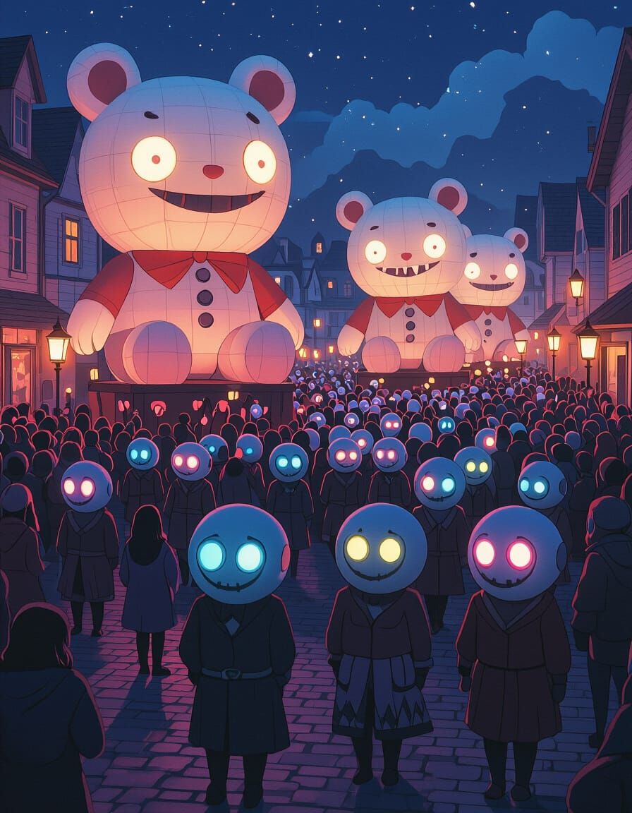Night of the Stitched: Surreal Festival Parade in Pastel Neo...