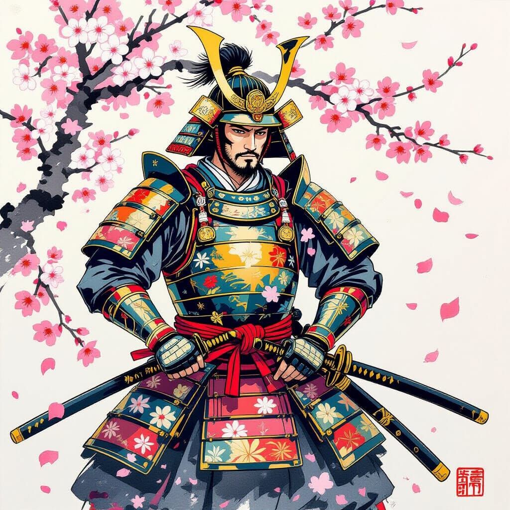 Heroic Samurai in Cherry Blossoms: Japanese Art Style