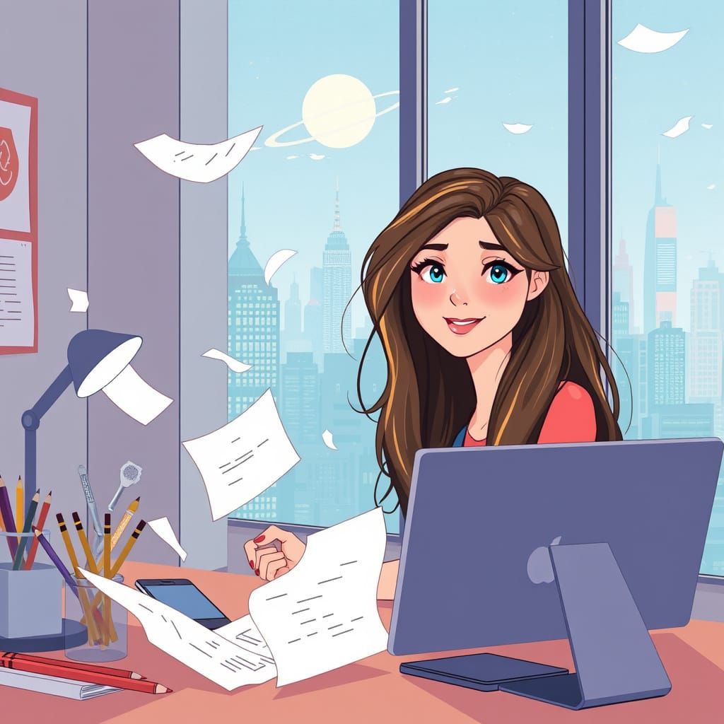 Whimsical Digital Portrait of Young Woman in Modern Study