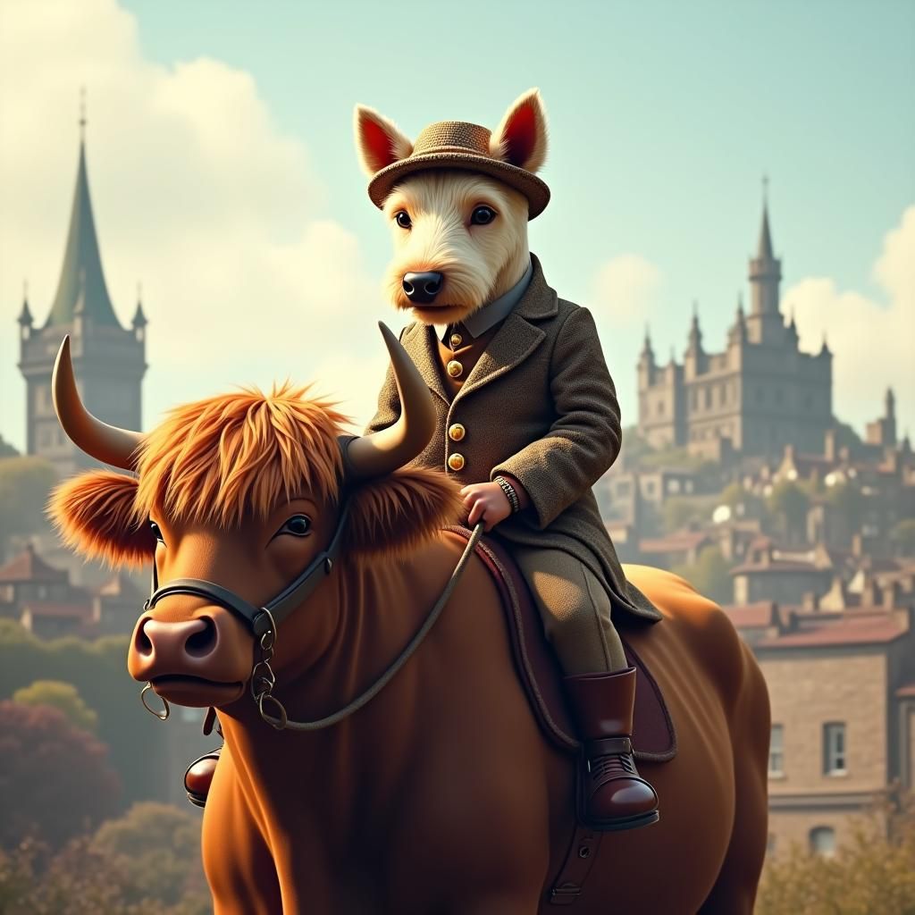 Terrier Rides Highland Cow in Edinburgh, Fantasy Art