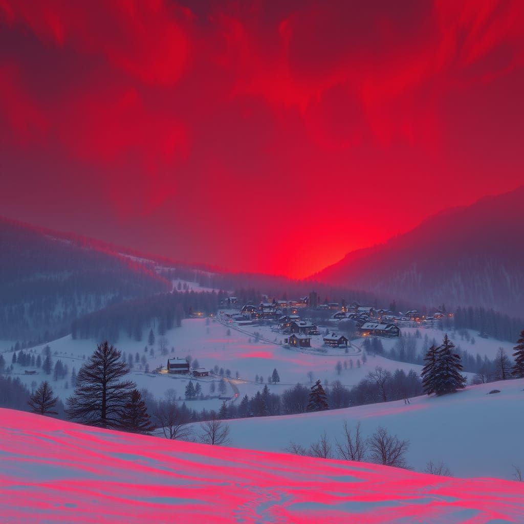 Snowy Town Bathed in Red Light: Atmospheric Digital Art