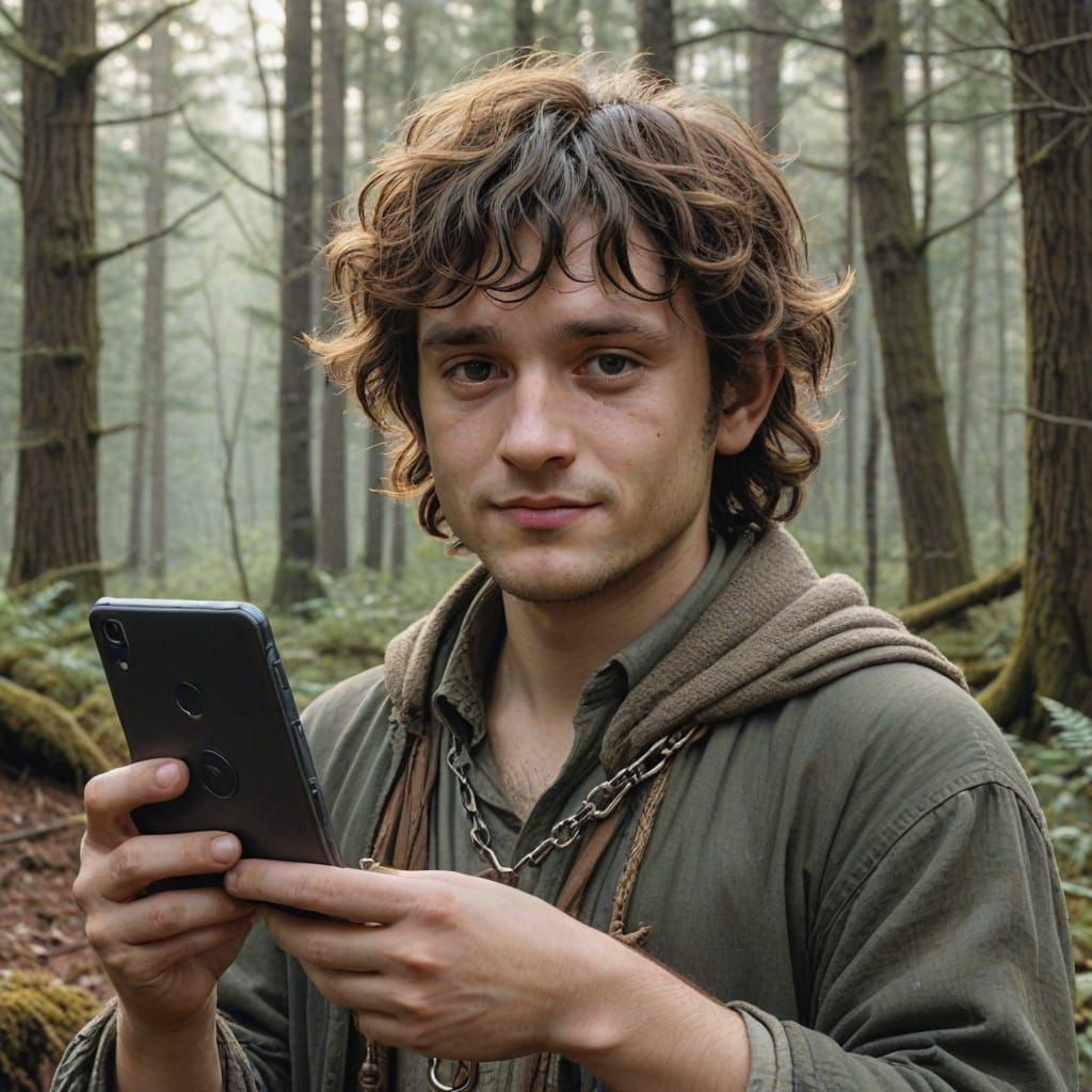 Frodo Baggins in Whimsical Realism, Holding the One Ring wit...