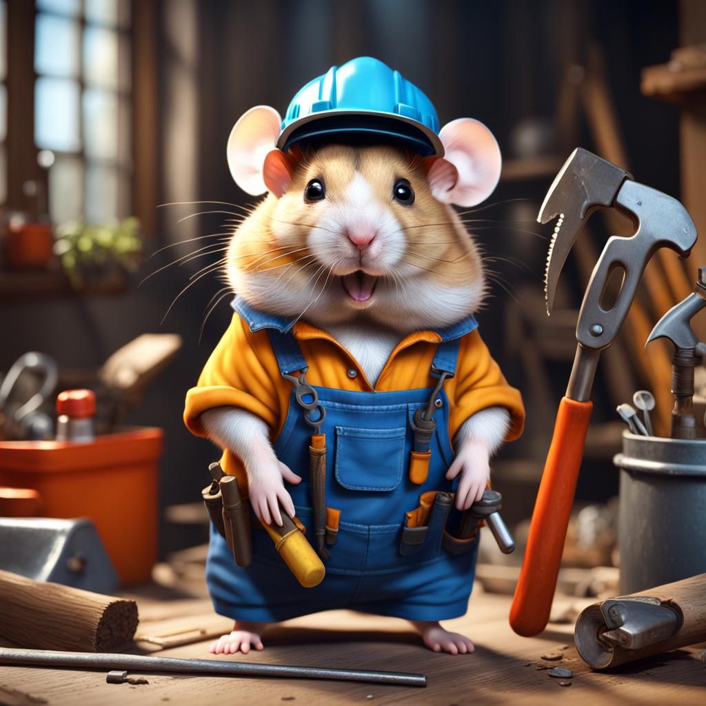 Hamster wearing handyman clothes and tools