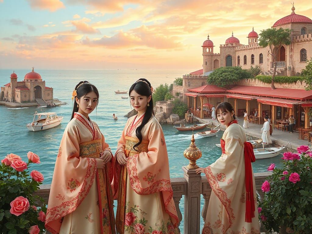 Korean Girls in Dreamlike Hanbok Fashion Art Nouveau Landsca...