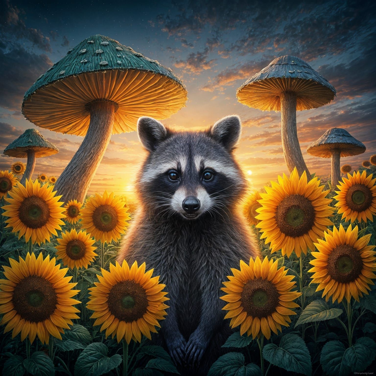 Raccoon in Sunflower Field with Mushrooms