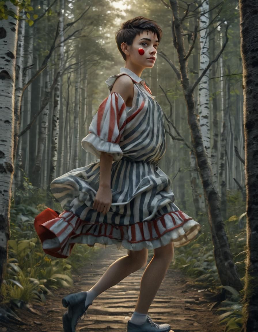 Brunette Woman in Clown Makeup Flees Through Forest