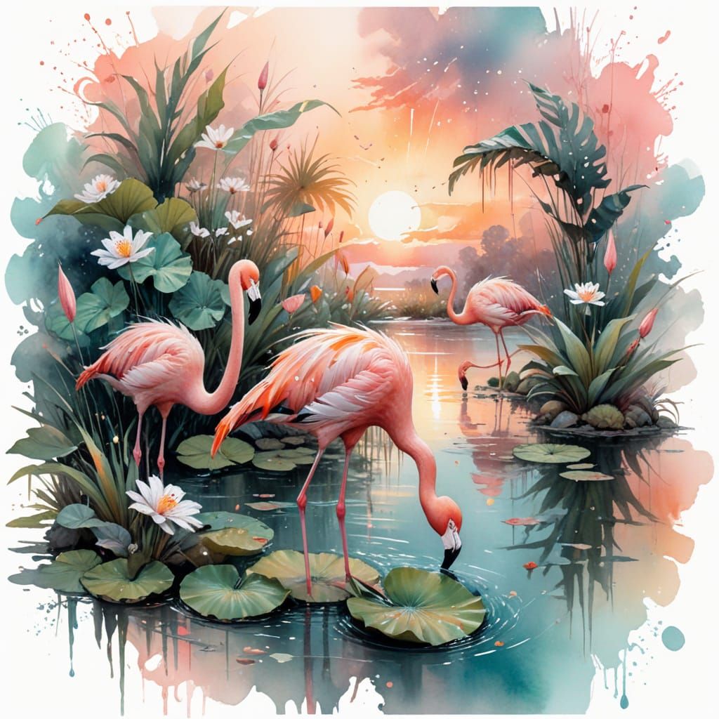 Pastel Flamingo Family in Golden Lagoon: Watercolor