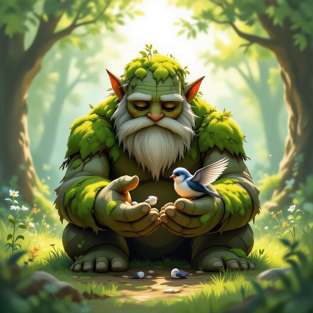 Gentle Golem Heals Bird in Sun-Dappled Forest Clearing