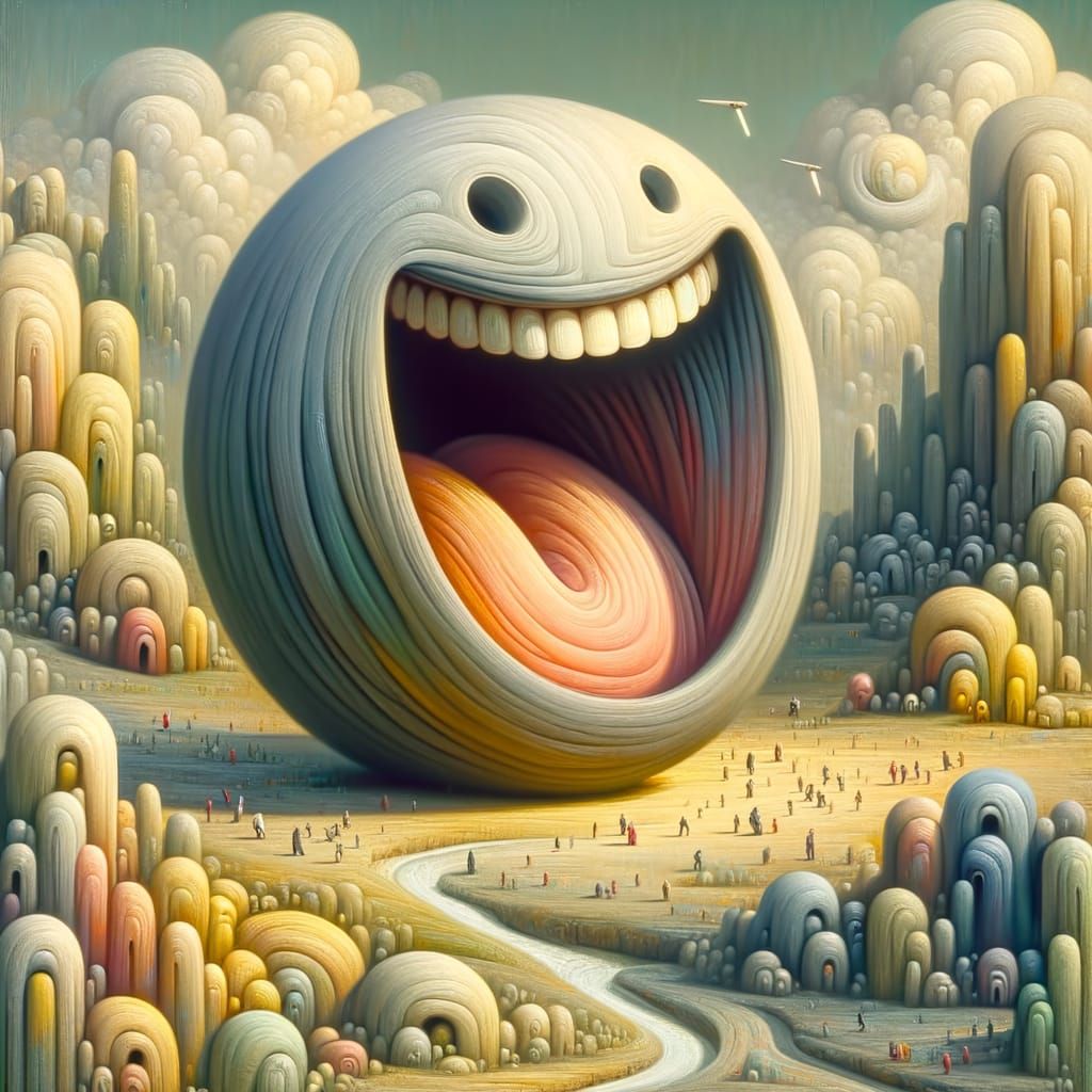 Surreal Painting of Gigantic Laugh in Fantastical Landscape