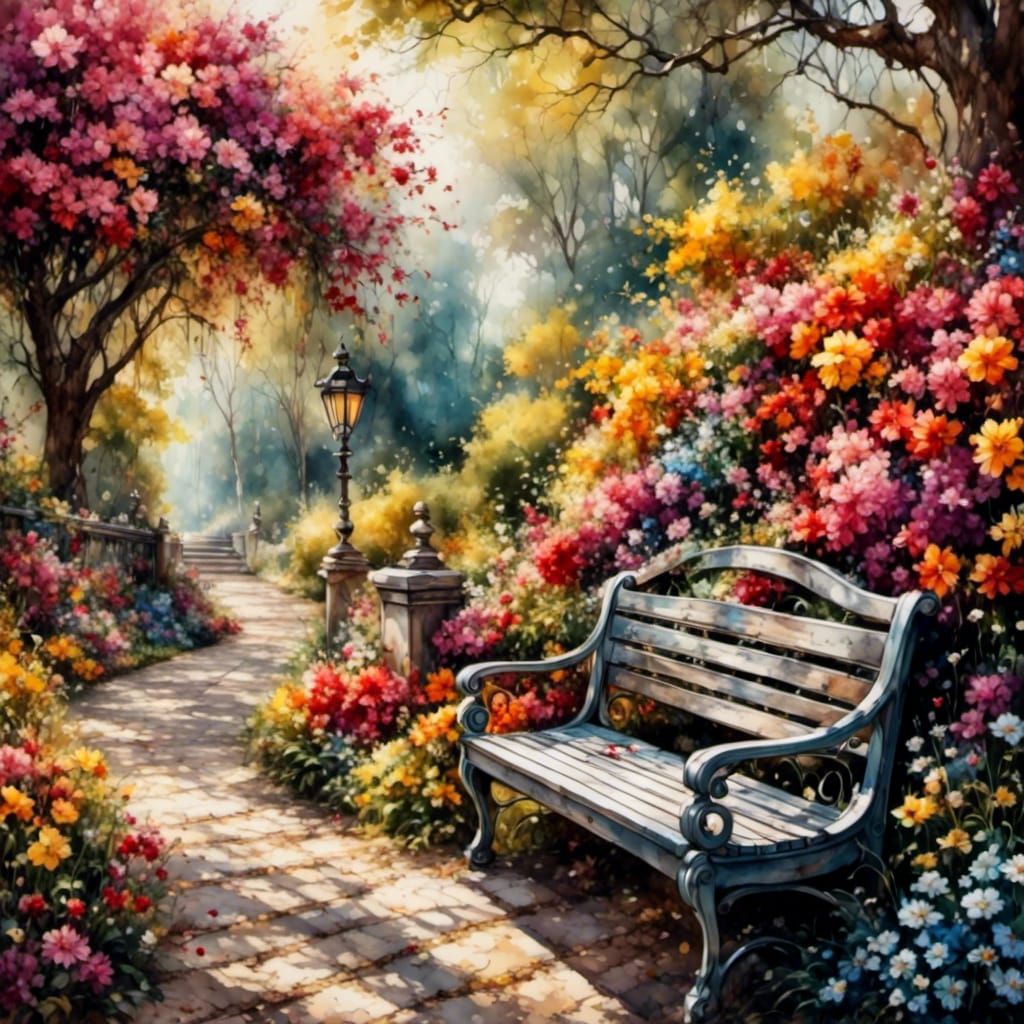 Enchanting Park Bench in Watercolor Garden