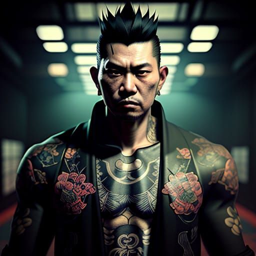 Stylized Yakuza Warrior in Anime-Inspired Kimono