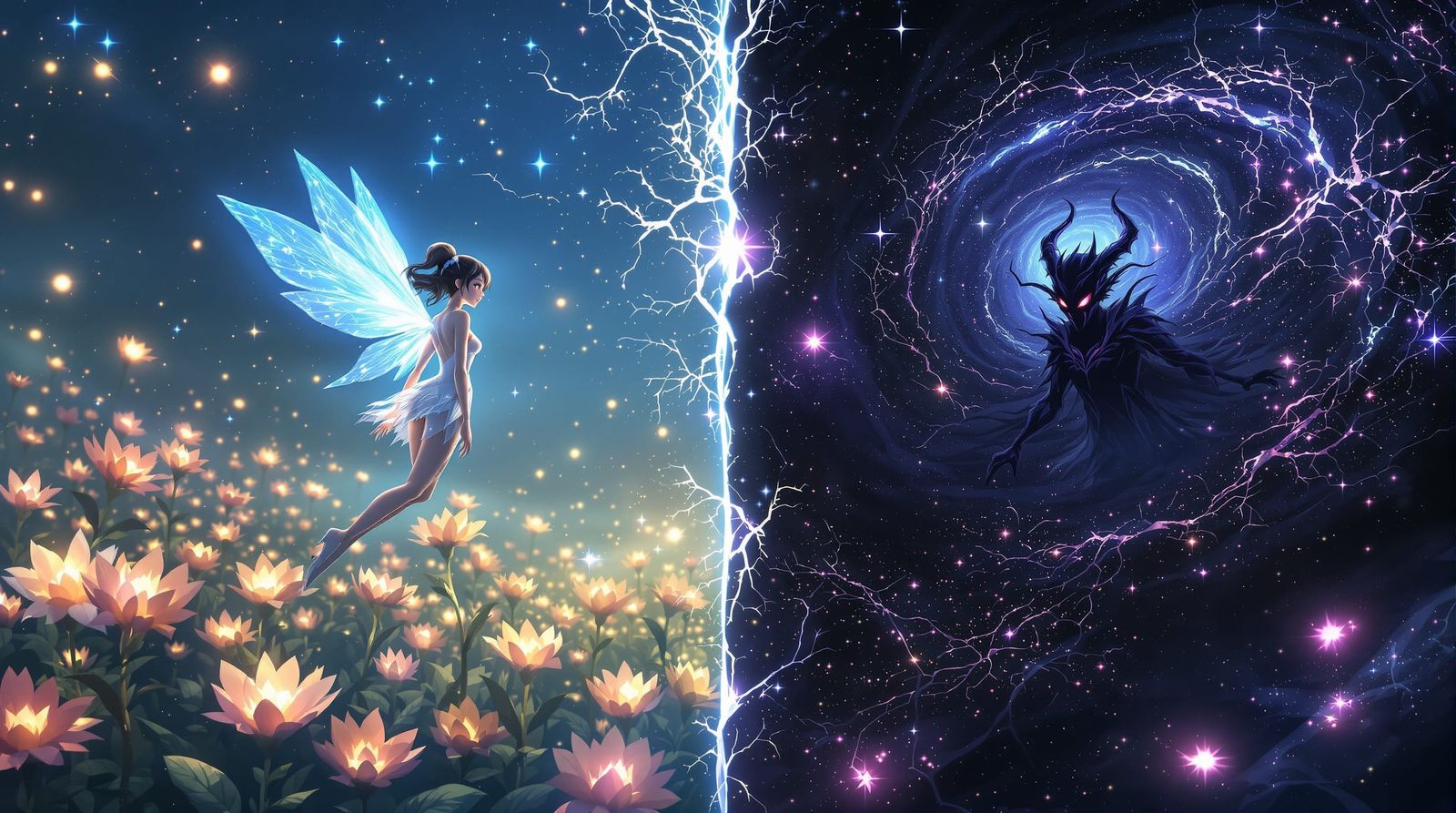 Fairy and Dark Elf Duality in 3D Anime Art