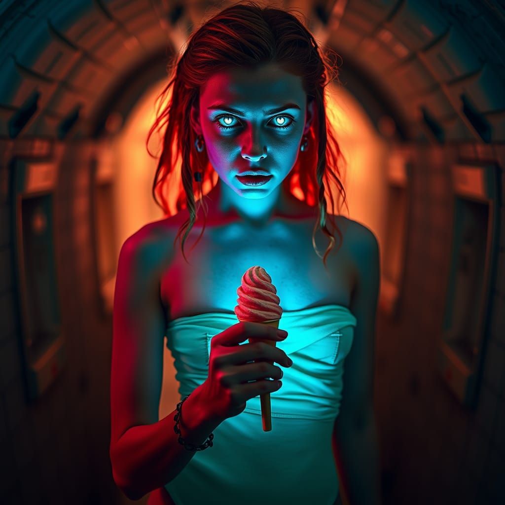 Woman with Ice Cream in Cyberpunk Cellar