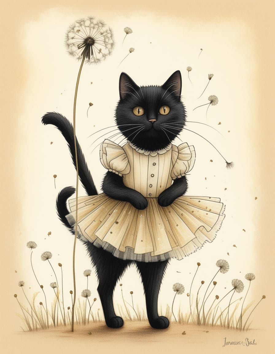 Anthropomorphic Black Cat in Tutu: Colored Pencil Drawing