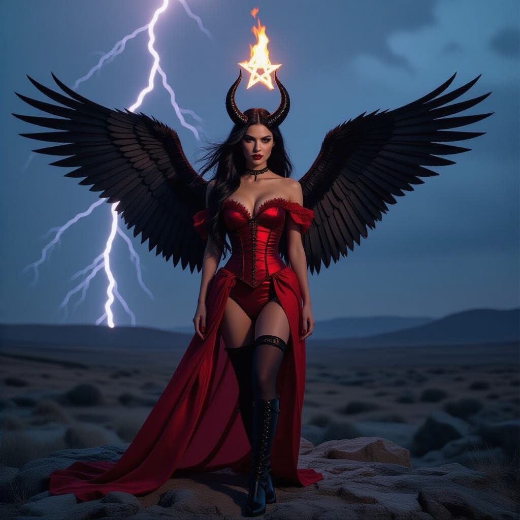 Goddess of Storms with Black Wings and Red Dress
