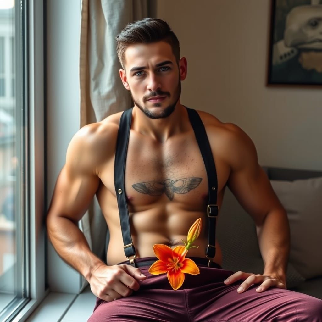 Confident Man with Lily in Softly Lit Apartment