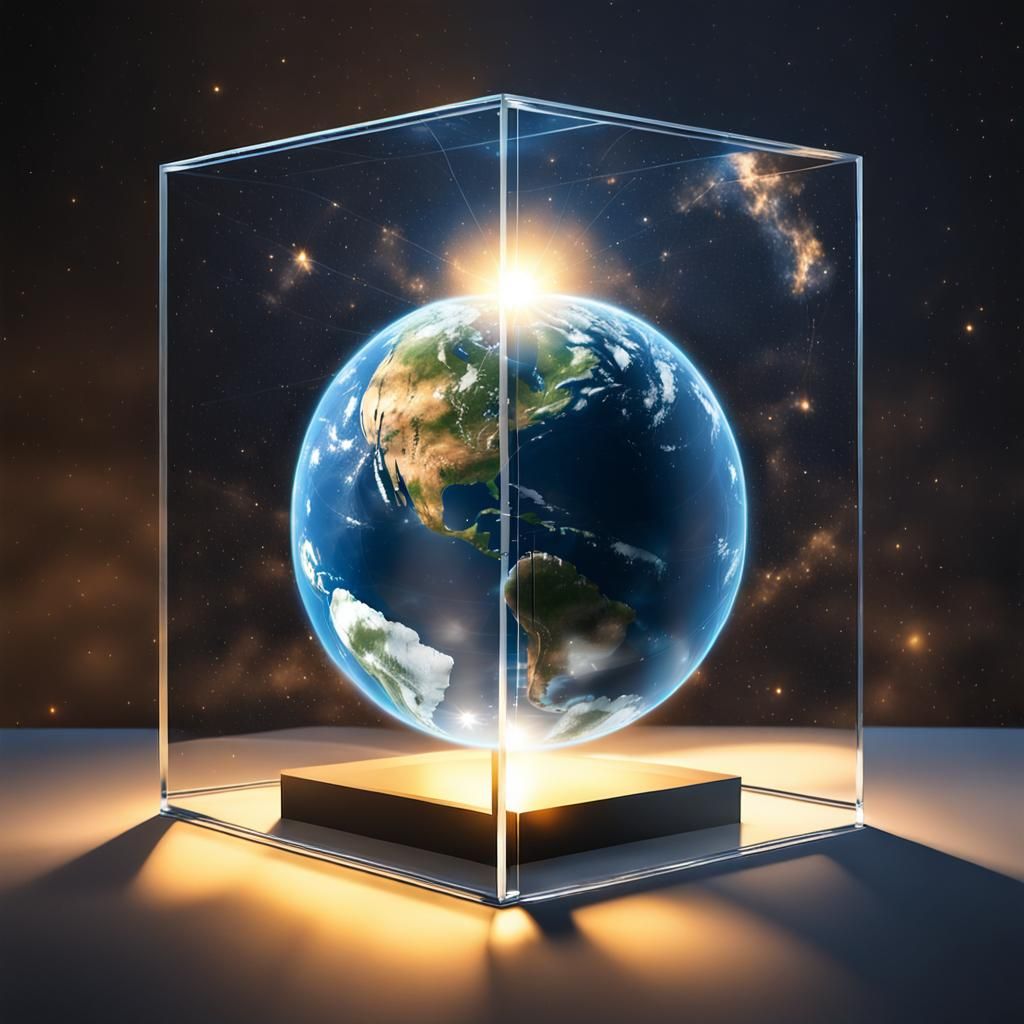 Photorealistic Earth Globe Inside Reflective Glass Cube