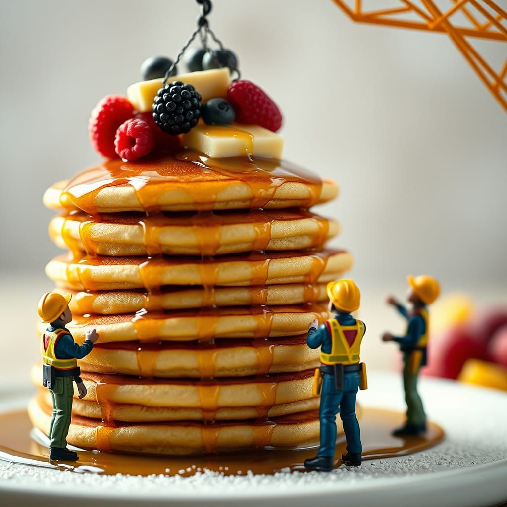 A stack of golden, fluffy pancakes drizzled with maple syrup, topped with butter and fresh berries. Miniature constructi...