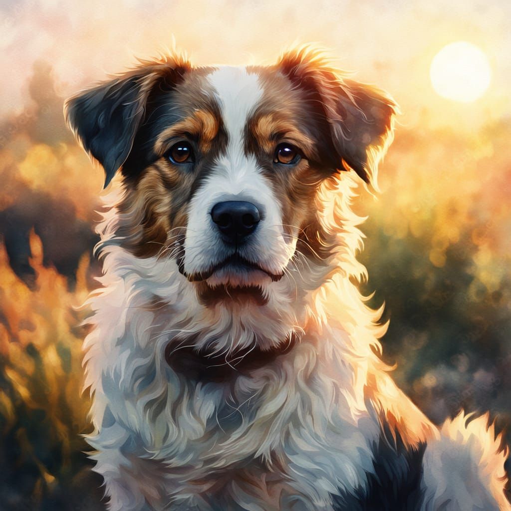 Dog Silhouetted Against Sunrise in Watercolor Style