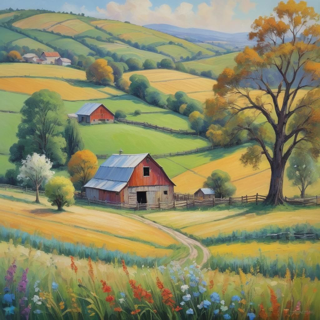 Rural Barn and Fields in Neo-Impressionist Oil Painting
