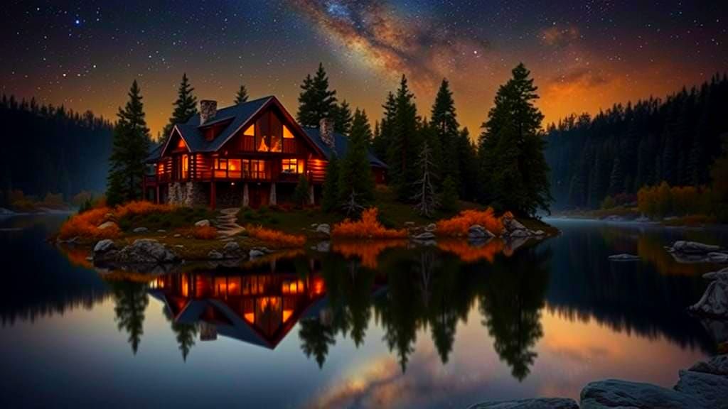 Autumn Lodge by Lake Under Stellar Night Sky