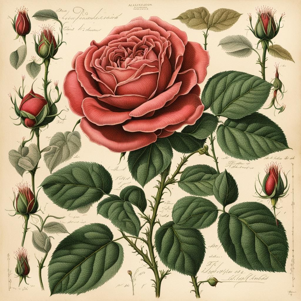 Botanical Print of a Rose in Colored Ink
