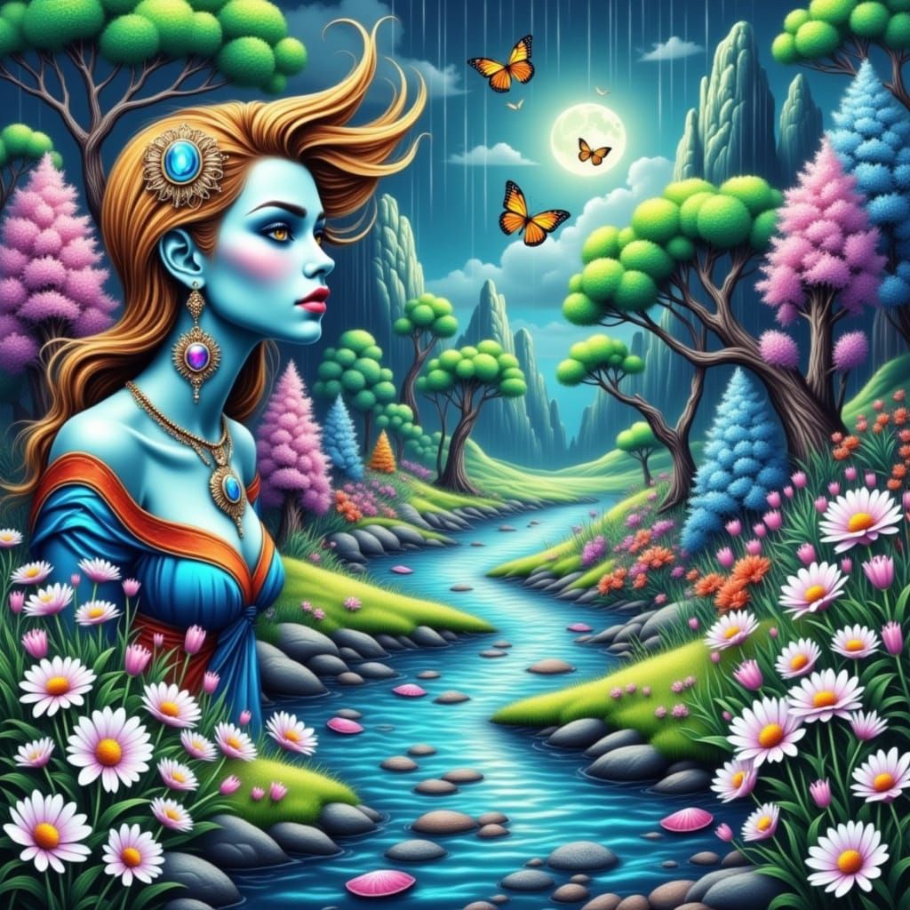 Surreal Blue Fantasy Portrait of a Serene Young Woman in a R...