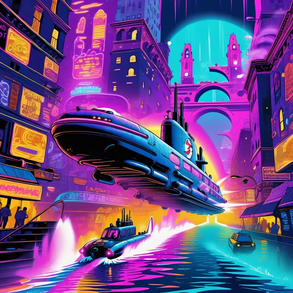 Vaporwave Submarine Cruises Gothic City Under the Sea