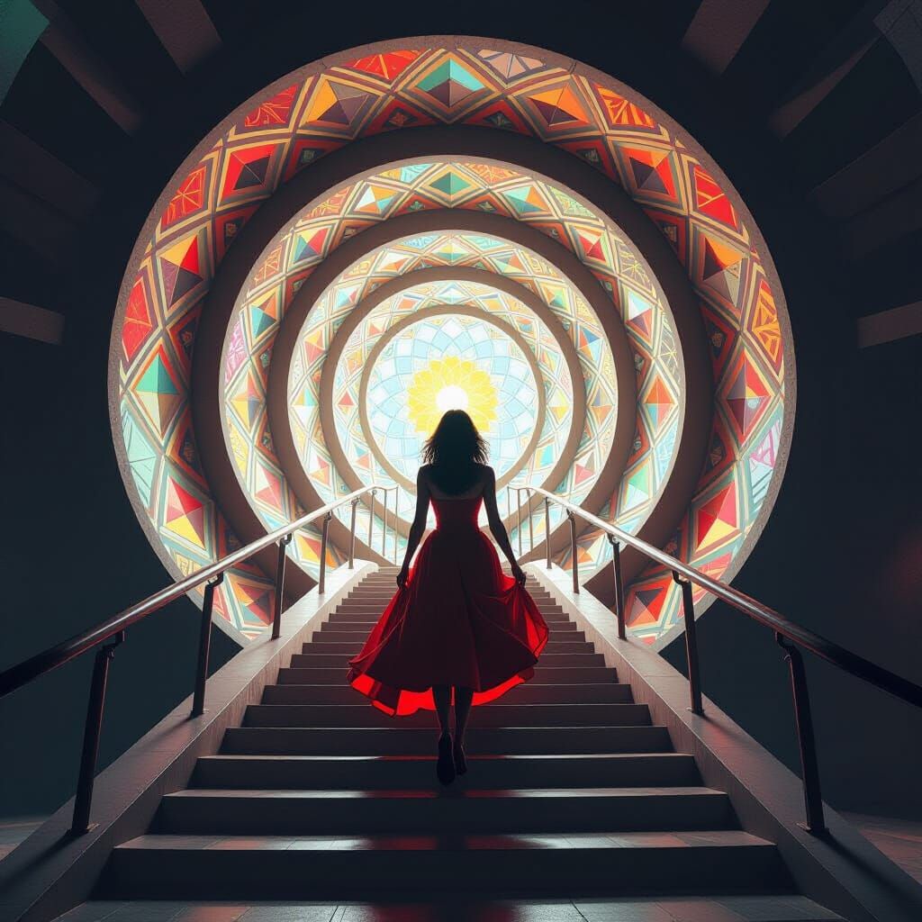 Ultra Realistic 3D Woman Descending Kaleidoscopic Staircase