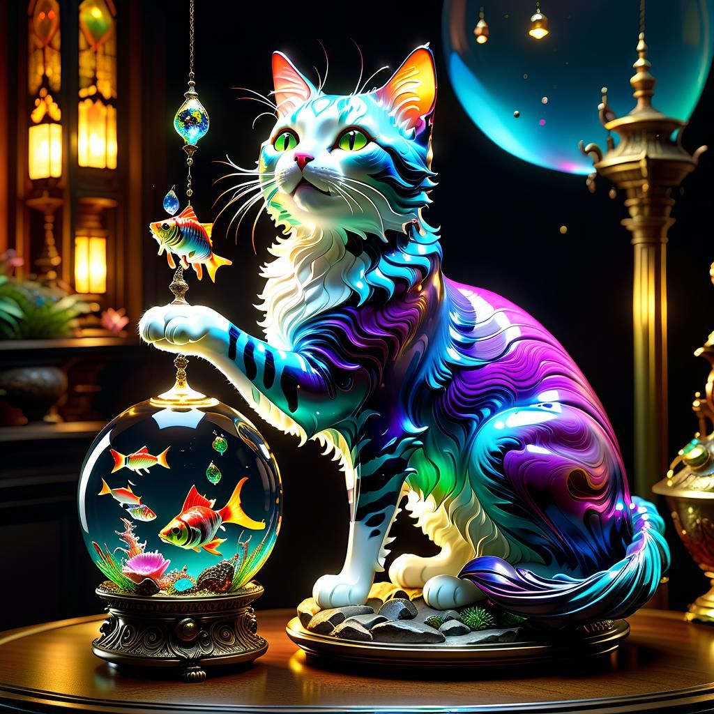 Illuminated Glass Cat Catching Fish, Fantasycore Art