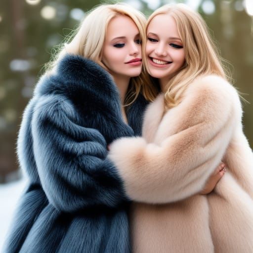 Blonde Girls in Fur Coats Embrace