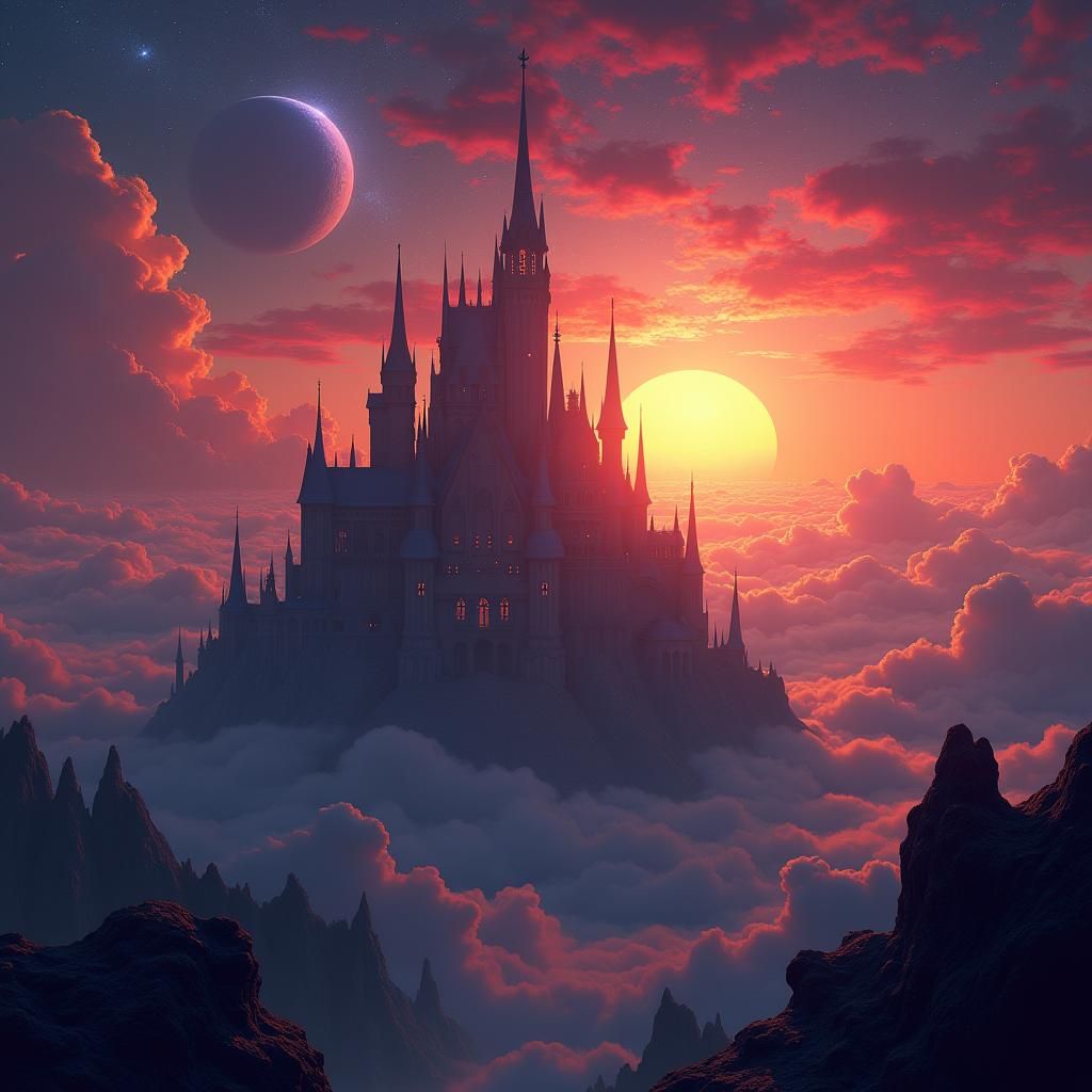 Fantasy Castle Silhouette at Colorful Sunset, Matte Painting