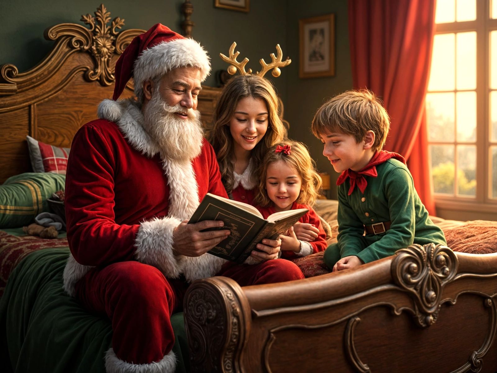 Cozy Christmas Family Reading Time in Elegant Bedchamber