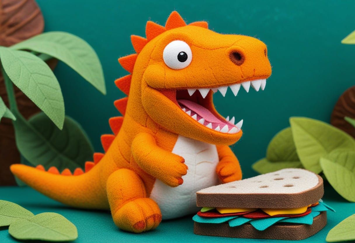 Friendly Felt Tyrannosaur Eating a Sandwich
