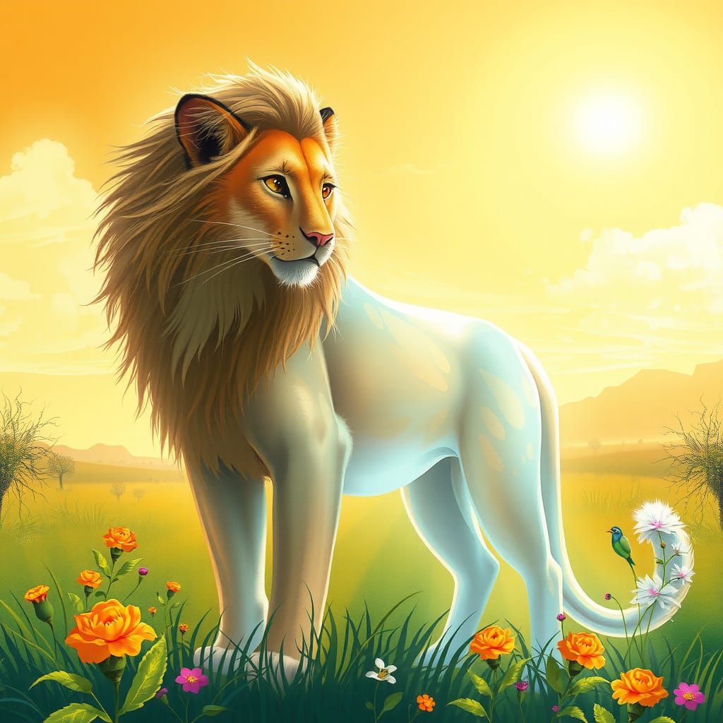 Ethereal Feline Beside Lion King in Digital Art Style