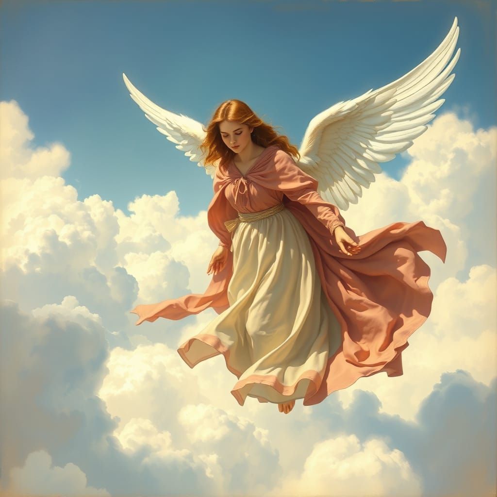 Angel Soaring Through Clouds in Ethereal Style