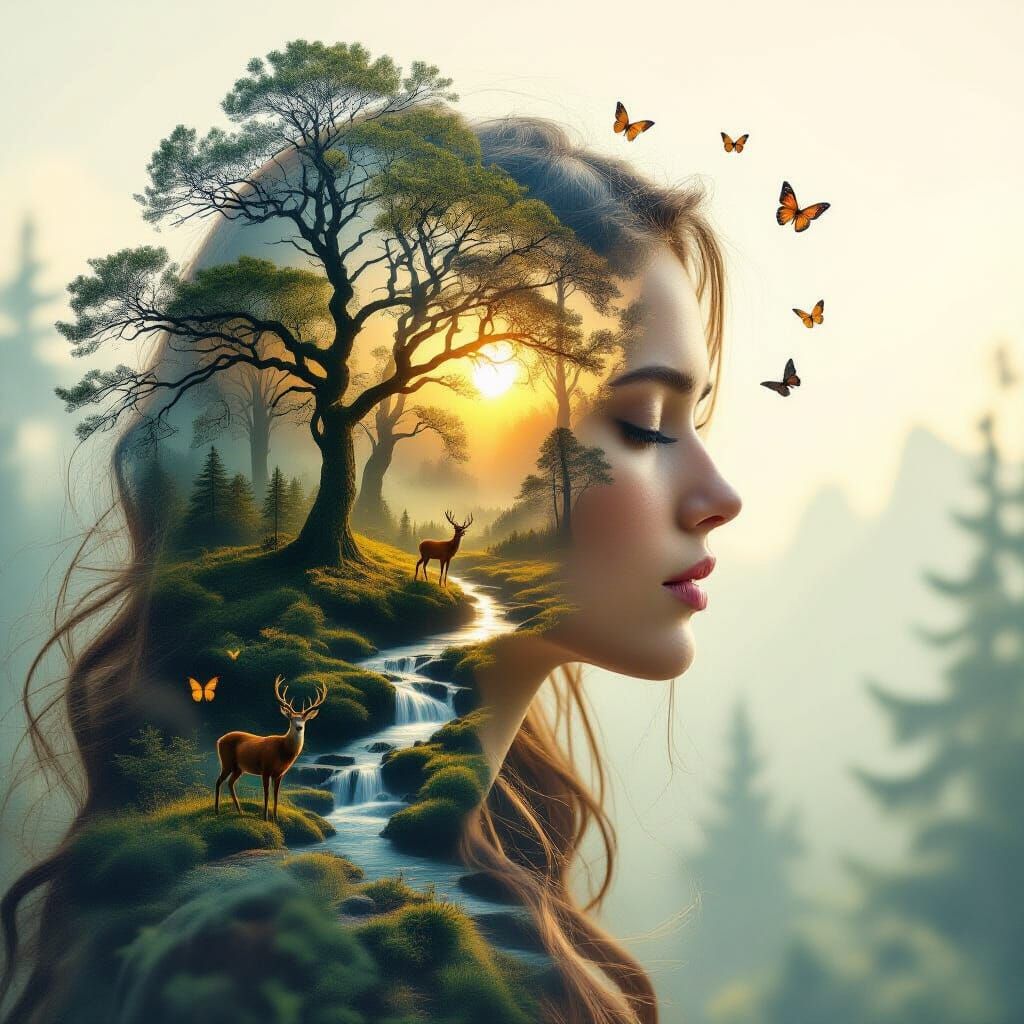 Mystical Forest Double Exposure in Dreamlike Soft Light