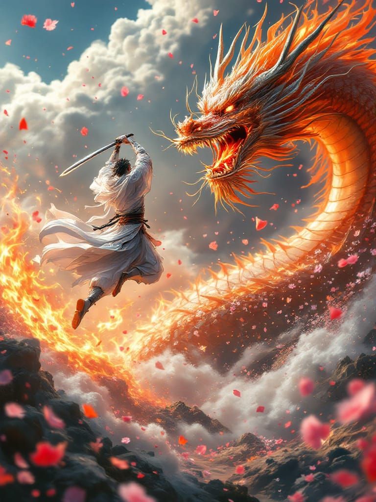 Samurai vs Dragon in Fiery Battle