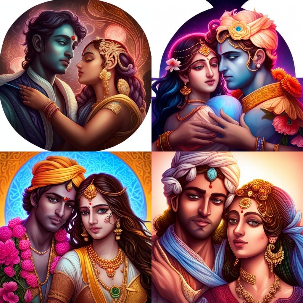 Radha Krishna Portrait in Vrindavan, Hyperdetailed Art