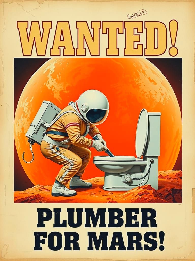 Retrofuturistic Wanted Poster: Plumber for Mars