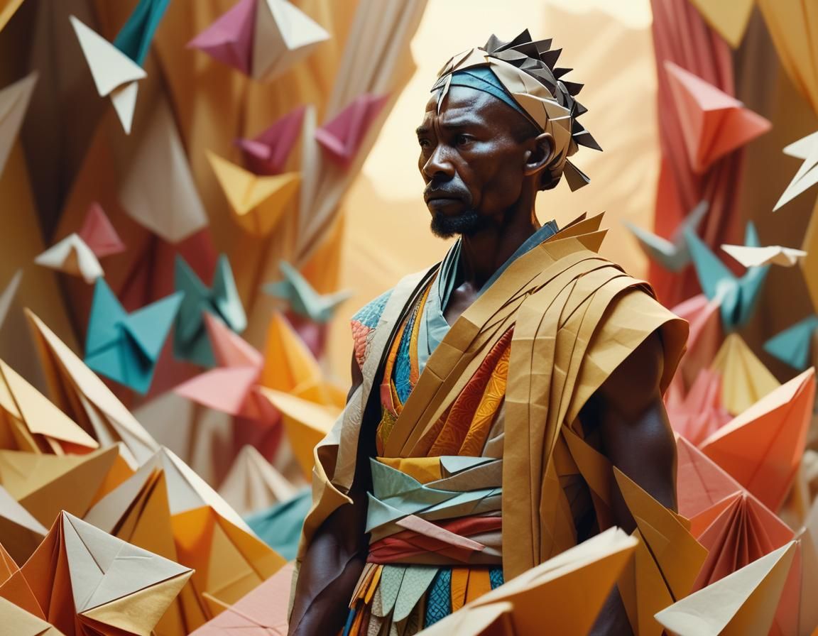 Spiritual Warrior in Surreal Origami Landscape
