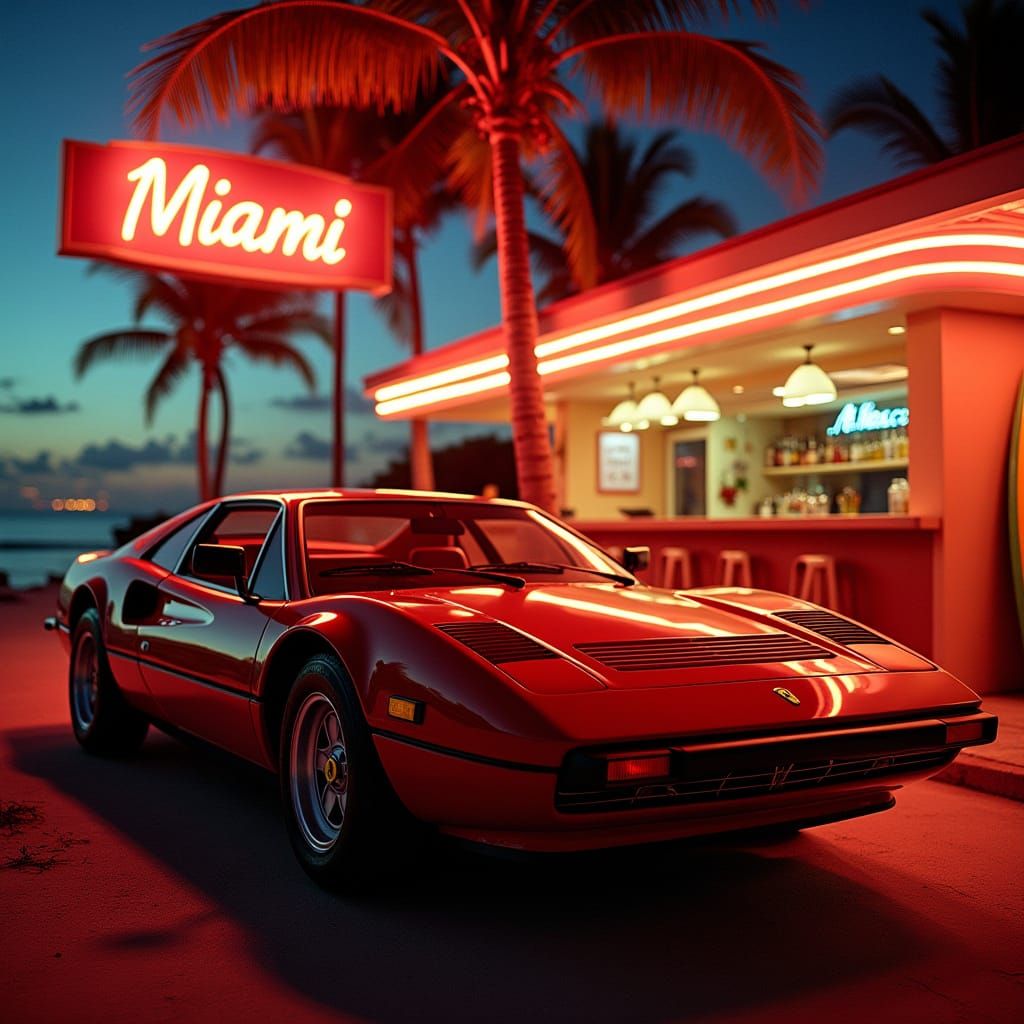 Ferrari Purosangue Under Miami Sunset with Retro Vibe