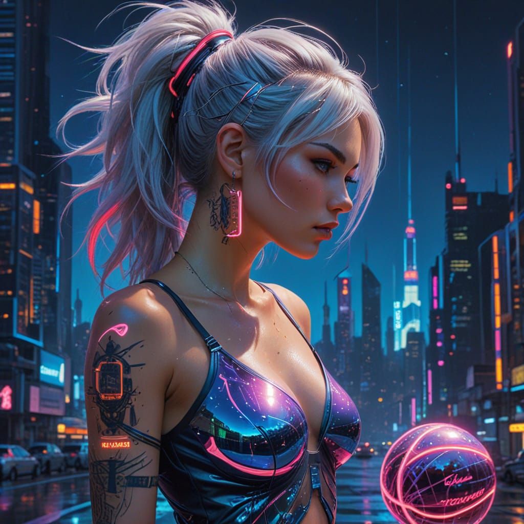 Cyberpunk Basketball on Lunar Cityscape