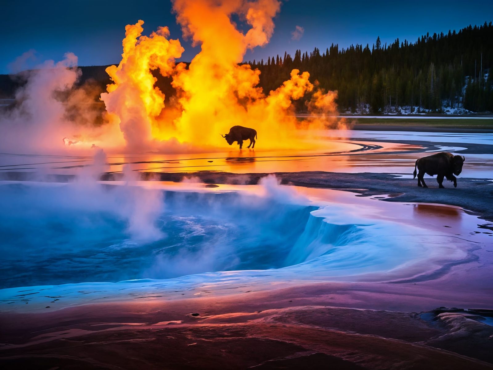 Bison Amidst Iridescent Hot Springs in Dramatic Yellowstone